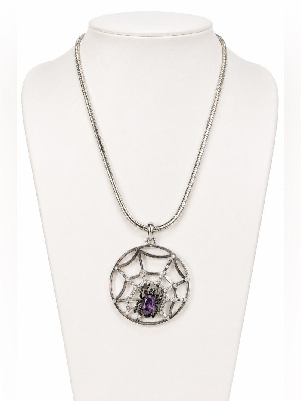 Amethyst Spider Web Pendant Necklace Gothic Silver Tone 17”